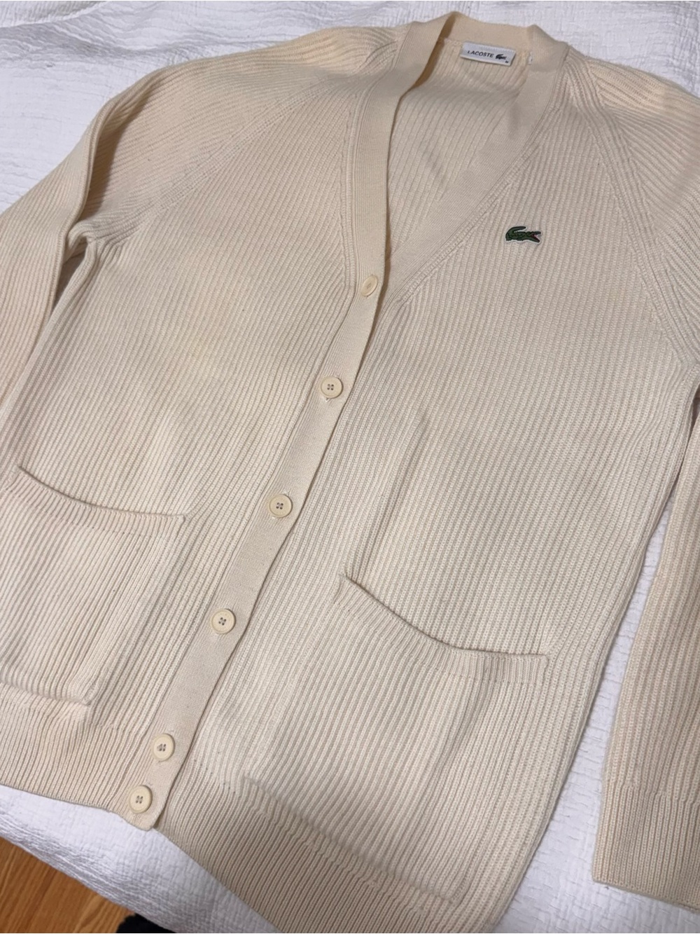 Lacoste Cream Ribbed V-Neck Cardigan,size M, oversized